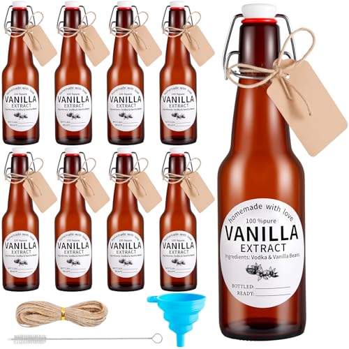 8 Pack 11 Oz Swing Top Glass Bottles Set - Glass Bottles for Vanilla Extract with Caps, Labels, Twine, Funnel & Brush, Reusable Flip Top Bottles for Home Brewing, Oil, Beer, Tea & DIY Crafts