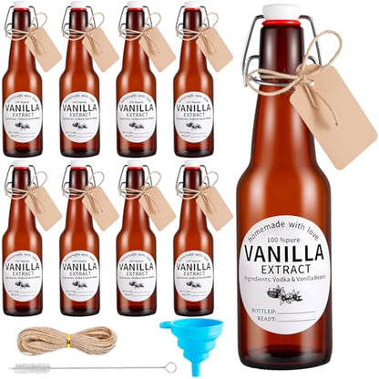 8 Pack 11 Oz Swing Top Glass Bottles Set - Glass Bottles for Vanilla Extract with Caps, Labels, Twine, Funnel & Brush, Reusable Flip Top Bottles for Home Brewing, Oil, Beer, Tea & DIY Crafts
