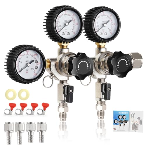 MRbrew CO2 Regulator Dual Output CGA-320 Keg Regulator Draft Beer Regulator | Quick Disconnect Threaded End Fitting with 2 Swivel Nut Barb-1/4’’ Barb & 5/16’’ Barb, CO2 Tank Pressure Regulator