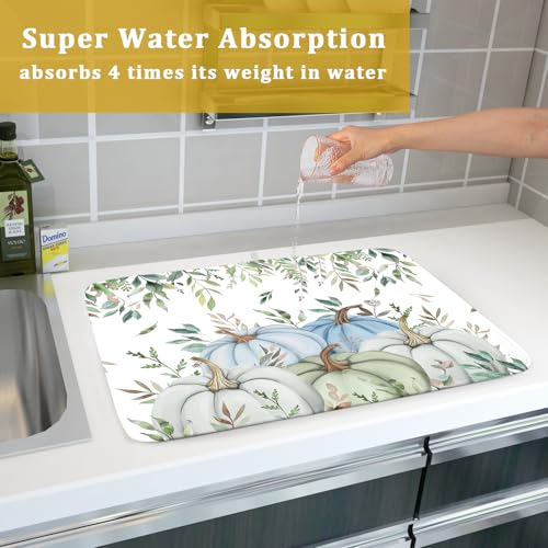 Giwawa Fall Blue Pumpkin Dish Drying Mat Autumn Harvest Dishes Pad 18"x24" Microfiber Quick Dry Dish Drainer Rack Mats Kitchen Counter Accessories - color: Blue Pumpkin Leaf, size: 18x24 inch