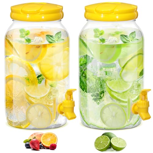 Havawish 2 Pcs 1 Gallon Plastic Beverage Dispenser with Spigot Clear Summer Kitchen Fridge Drink Dispenser for Parties Lemonade Juice Tea Beer Cold Water(Yellow,Cylinder) - color: Yellow, style: Cylinder