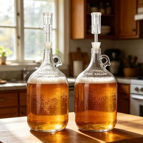 2pcs 1Gallon Glass Bottle- 2pcs Rubber Bungs & 2-Piece Airlocks – Fermentation Jars for Home Brewing, Clear Glass Fermenter Containers for Liquid Fermentation