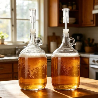 2pcs 1Gallon Glass Bottle- 2pcs Rubber Bungs & 2-Piece Airlocks – Fermentation Jars for Home Brewing, Clear Glass Fermenter Containers for Liquid Fermentation