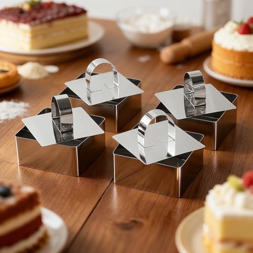 Square Mousse Ring Set 4PCS with Pusher Stainless Steel Cake Mold for DIY Cheesecake Pastry Cookie Baking Dessert Tools(3.15 x 1.5Inch) - size: Square