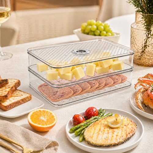 2 Layers Cheese Lunch Meat Storage Container for Fridge,Deli Food Storage Container with Lids,Refrigerator Organizers and Storage for Cheese,Cold Cuts, Bacon,Ham,Sandwich Meat Keeper