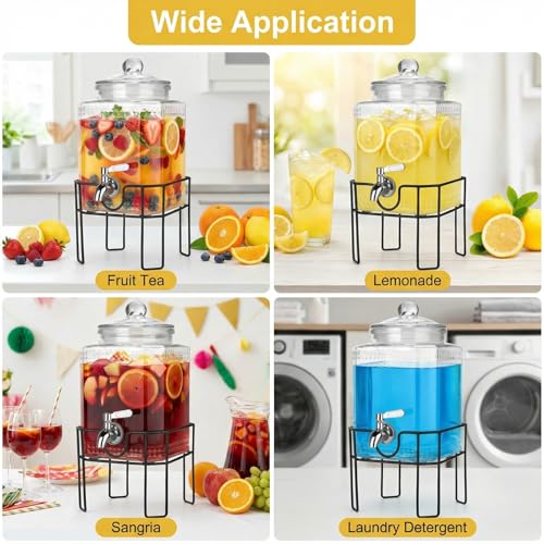Drink Dispenser, Drink Dispensers for Parties, 1 Gallon Glass Beverage Dispenser with Stand and Glass Lid, 100% Leakproof Spigot, Ideal for Lemonade, Juice, Iced Tea, Laundry Detergent - size: 1 Gallon