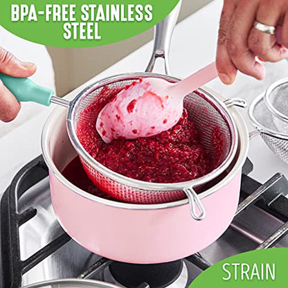 GreenLife Cooking Tools and Utensils, 4 Piece Extra Fine Stainless Steel Mesh Strainer Kitchen Set, Stay Cool Handles, Dishwasher Safe, BPA-Free, Grey - color: Gray, size: 4 Piece Stainless Steel Mesh Strainer Set