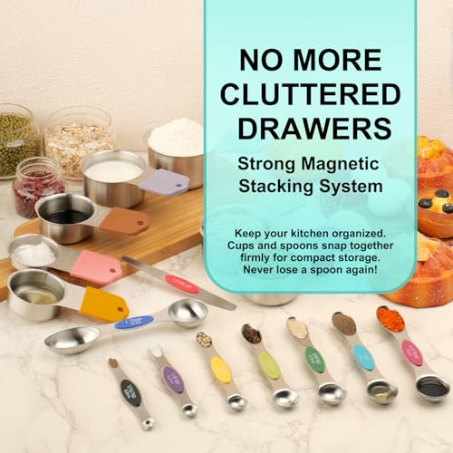Magnetic Measuring Cups and Spoons Set of 16, 7 Stainless Steel Measuring Cups, 8 Double-Sided Measuring Spoons with 1 Leveler, Color Coded Handles, Dual Markings for Dry and Liquid Ingredients - color: Silver
