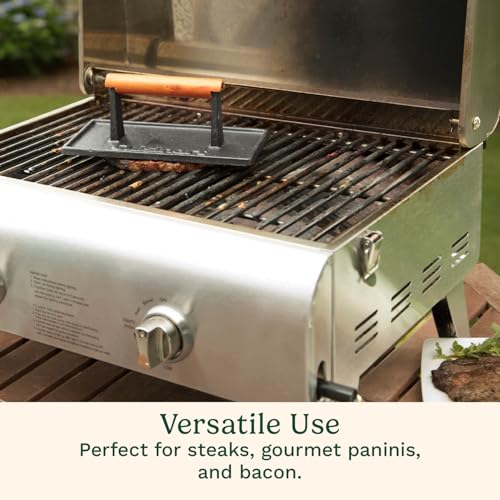 Cuisinart Cast Iron Grill Press with Wooden Handle, Heavy Duty Nonstick Rectangle Burger Press with Wood Handle, Perfect Grill Accessory for Steak, Bacon, Paninis and More - size: Weighs 2.1-pounds