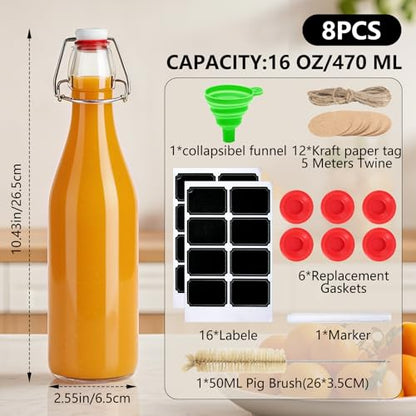 Ruckae 8 Pack 16oz Swing Top Glass Bottles with Air Tight Lids Kombucha Coquito Flip Top Glass Bottle Kefir Syrup Vanilla Extract Beer Brewing Bottles for Gift (16 oz 8 pack) - size: 16 oz 8 pack