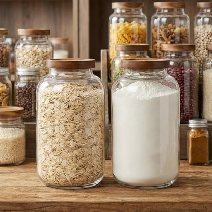 2-Pack Large Glass Flour and Sugar Storage Containers, 95 oz / 2800 ml Airtight Glass Jars with Wooden Lids, Clean & Elegant Canisters for Storing Rice, Pasta, Oats, Candy, Cookies and More - size: Large