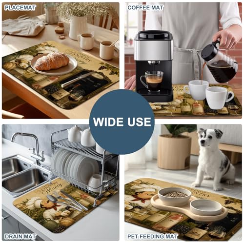 Chef Dish Drying Mats for Kitchen Counter, Wine Bottles Grapes Cheese Rustic Farmhouse Absorbent Coffee Bar Mat with Non-slip Rubber Backed Quick Drying Dish Rack Pad 12"x16" - size: 16" x 12"