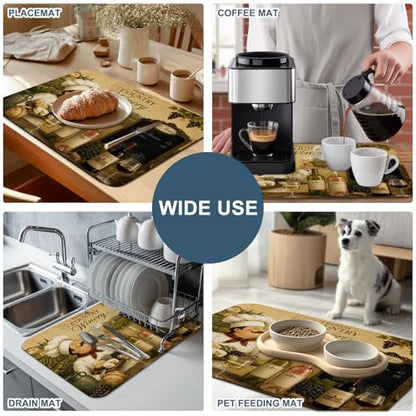 Chef Dish Drying Mats for Kitchen Counter, Wine Bottles Grapes Cheese Rustic Farmhouse Absorbent Coffee Bar Mat with Non-slip Rubber Backed Quick Drying Dish Rack Pad 16"x18" - size: 18" x 16"