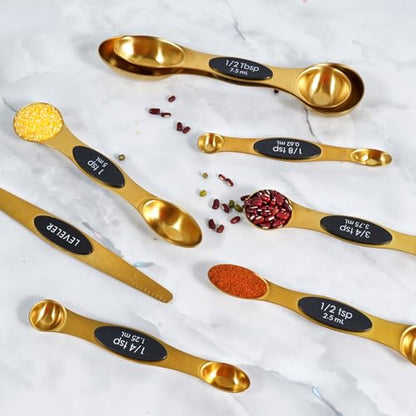 18-Pc Magnetic Measuring Cups and Spoons Set, with Lid, Golden | Includes 1 cover, 9 stackable cups set & 8 magnetic spoons, BPA-free & dishwasher safe, for liquid and dry baking - color: 18 Piece - Gold