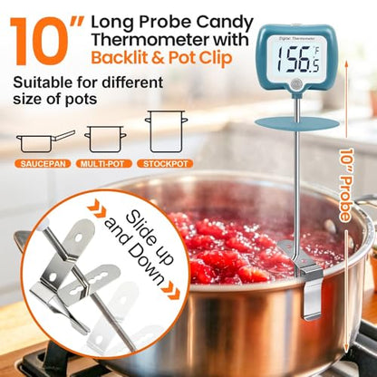Candy Thermometer for Candy Making with Rotatable Large Display 10'' Long Probe,Digital Instant Read Candy Thermometer with Pot Clip,Candle Smoker, Oil Cooking (Blue) - color: Blue