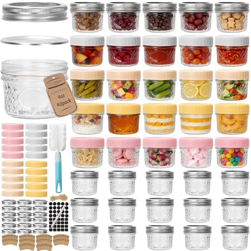 CycleMore 4oz Mason Jars, 40 Pack Small Glass Jar With Silver Separable Lids & Colorful Plastic Lids, Mini Canning Jars for Honey, Jam, Jelly, Wedding Favors, Kitchen Food Storage - size: Crystal - 4 oz - 40 Pack & Dual Lids