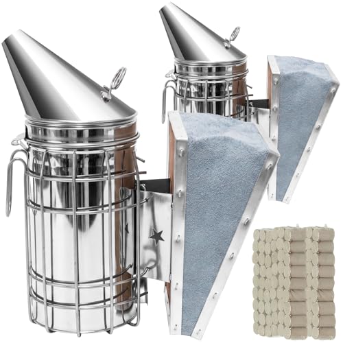 2 Pack Bee Smoker with Pellets, Stainless Steel Bee Hive Smoker with Heat Shield for Beekeeper Daily Beehives Check Easier