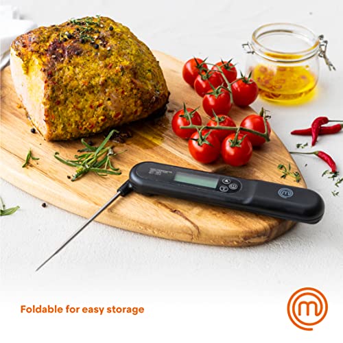 MasterChef Meat Thermometer Digital, Temperature Probe for Food (Steak, Chicken) & Liquids (Coffee, Tea, Milk), Portable BBQ Grill Gadget, Instant Read LED Display (°F & °C), Foldable, Black