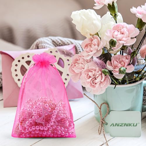 ANZNKU 50 Pack Hot Pink Organza Bags 5 x 7 inch, Small Mesh Drawstring Gift Bags, Jewelry Pouches Small Mesh Bag for Candy Party Wedding Favor & Easter Gifts - color: Hot Pink