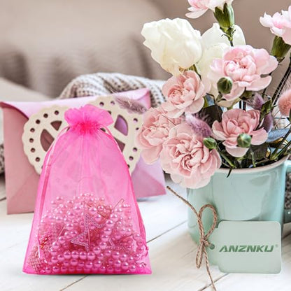 ANZNKU 50 Pack Hot Pink Organza Bags 5 x 7 inch, Small Mesh Drawstring Gift Bags, Jewelry Pouches Small Mesh Bag for Candy Party Wedding Favor & Easter Gifts - color: Hot Pink
