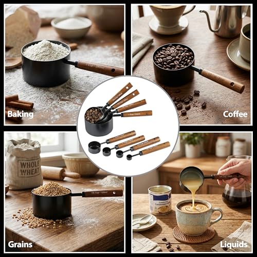 Measuring Cups and Spoons Set, 8PCS Stainless Steel Metal Measuring Cups, Walnut Wood Handle, Black Plated, For Dry and Liquid Ingredients