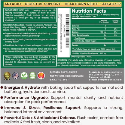 Baking Soda Powder for Organic Use, Grade 1 Aluminum Free Baking Soda, Natural No Chemicals, Pure Powder for Cooking, Stomach Acid, Kidney Supplement, 1lb