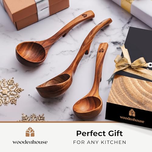 Wooden Ladle for Soup, 3 Size Teak Wood Ladle Spoon with Back Hooks for Pot & Bowl, Non-Stick Wooden Spoon Set for Cooking, Serving and Stirring - size: 3 Size Set
