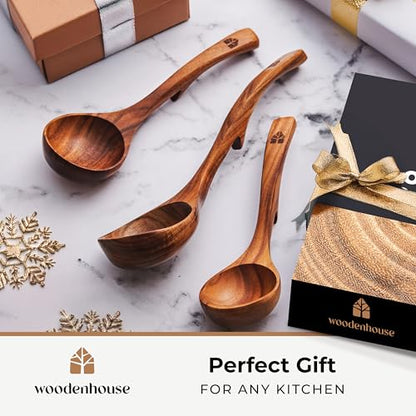 Wooden Ladle for Soup, 3 Size Teak Wood Ladle Spoon with Back Hooks for Pot & Bowl, Non-Stick Wooden Spoon Set for Cooking, Serving and Stirring - size: 3 Size Set