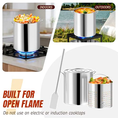 60QT Seafood Boil Pot with Detachable Stirring Paddle, Stainless Steel Stock Pot, Crawfish Boiler with Basket, Lid & Lifting Hook, Perfect for Outdoor Crab, Lobster & Shrimp Boils - style: 60QT+Mixing Paddle