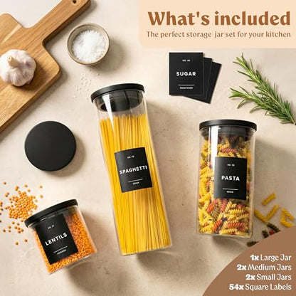 EDELHAUS Glass Storage Containers with Black Lids [Extra Thick Glas] with 54 Labels - Canister For Pantry Noodles Flour Cereal Rice Sugar Tea Coffee Beans - Round Set of 5x - color: 5 Pack - Black Lids