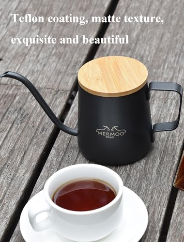 MERMOO YILAN Pour Over Coffee Kettle with Wooden Lid 12oz Coffee Maker | 304 Stainless Steel Coffee Pot |Gooseneck Pouring Kettle|Dishwasher Safe|for Camping,Home,Travel,Office - color: Black