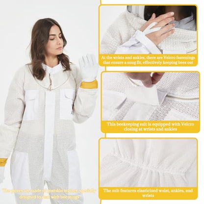 ANDES 3-Layer Mesh Ventilated Bee Suit with 2 Veils & Goatskin Gloves, M | Professional Full Body Sting-Proof Beekeeper Suit, Unisex for Beginners & Commercial Beekeepers - size: Medium