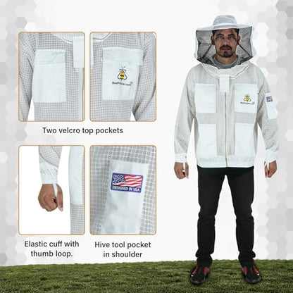 3-Layer Ventilated Mesh Bee Jacket for Men & Women with Veils Sting-Proof Beekeeping Jacket with Leather Gloves & Bag - color: White Dual Veil, size: Medium
