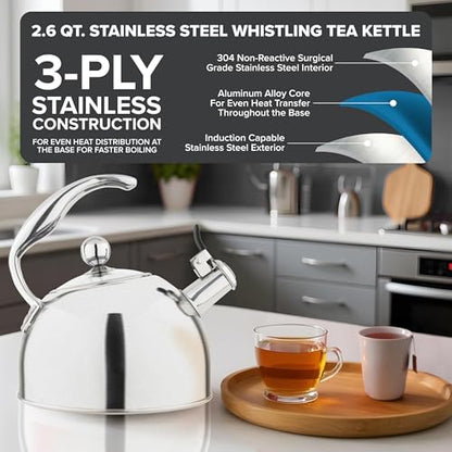 Viking 3-Ply Stainless Steel Tea Kettle, 2.6 Quart Stovetop Hot Water Pot with Tempered Glass Lid, Ergonomic Handle, Induction Ready, Satin Silver - color: Satin Silver