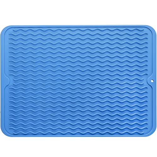 MicoYang Silicone Dish Drying Mat — Quick-Dry Ridges Counter & Sink Pad, Heat-Resistant Trivet to 450°F, Non-Slip & Dishwasher Safe, Roll-Up Storage, 18 Colors & 9 Sizes (Lichen Blue, 16"×12") - color: Lichen Blue, size: 16"L x 12"W