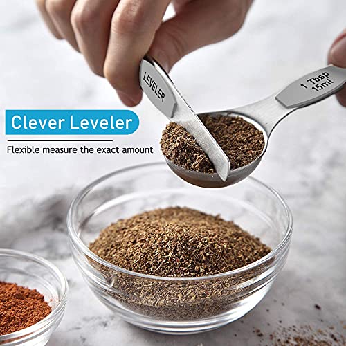 Measuring Cups and Magnetic Measuring Spoons Set, Wildone Stainless Steel 7 Measuring Cups, 8 Double Sided Stackable Magnetic Measuring Spoons, 1 Leveler & 5 Mini Spoons - 21 Piece - color: Silver