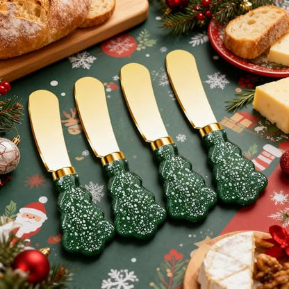 Christmas Tree Spreader Knife Set, Gold Stainless Steel Butter Knives, Holiday Serving Utensils for Cheese Jam, Gift for Home Bakers, 4-Piece - color: Green