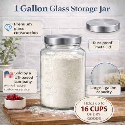 Kitchentoolz Extra Large Mason Jar - 1 Gallon Glass Wide Mouth Jar with Airtight Metal Screw on Lid, Food Storage Container with Measurement Marks For Kitchen Pantry, Pickling, Flour & Sugar Pack of 1