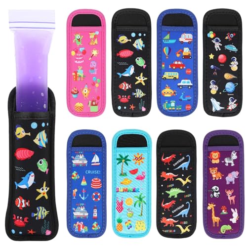 JANYUN 24 Pack Popsicle Holder for Kids, Cute Animal Dinosaur Shark Ice Pop Sleeves Reusable Washable Freeze Pop Holders Bags Neoprene Insulator Popsicle Sleeves for Boys Girls - color: Cratoon Color