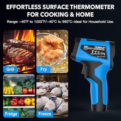 Infrared Thermometer Temperature Gun - TEMIRUP Non-Contact Digital Laser Thermometer Temp Gun with Thermocouple Probe for Industrial, Cooking, Griddle, Engine, HVAC, Adjustable Emissivity,-40℉~1202℉ - color: Blue -40℉~1202℉(-40℃~650℃)