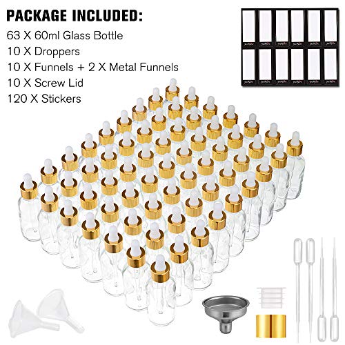 PrettyCare Glass Eye Dropper Bottles 2oz (60ml), 63 Pack Clear Empty Thick Bottles Bulk with Leakproof Golden Caps - With Labels & Funnels for for Storage, Travel,Essential Oils, DIY Serums, Tincture - color: 2oz Clear, style: 63 Pack