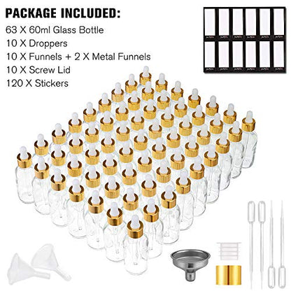 PrettyCare Glass Eye Dropper Bottles 2oz (60ml), 63 Pack Clear Empty Thick Bottles Bulk with Leakproof Golden Caps - With Labels & Funnels for for Storage, Travel,Essential Oils, DIY Serums, Tincture - color: 2oz Clear, style: 63 Pack