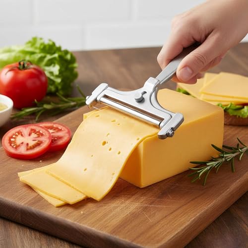 OYEWALLS Adjustable Wire Cheese Slicer for Block Cheese, Handheld Stainless Steel Cheese Cutter with 4 Extra Wires, Premium Rolling Cheese Wire Slicer for Mozzarella, Cheddar, Gruyere - color: Silver