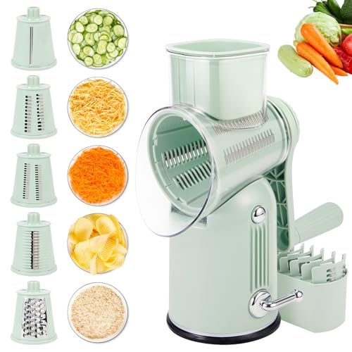 Rotary Cheese Grater with Handle: 5-in-1 Cheese Grater Hand Crank, Strong Suction Base for Fruit Vegetables Nuts with Blade Storage Box (Green) - color: Green