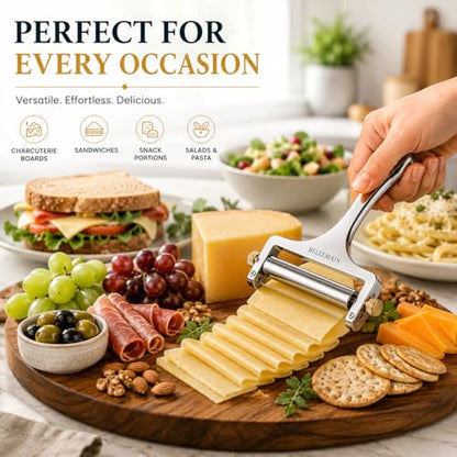 Bellemain Stainless Steel Wire Cheese Slicer with 2 Extra Wires – Handheld Cheese Cutter for Block Cheese, Adjustable Thick & Thin Slices for Cheddar, Gruyere, Raclette & Mozzarella (Silver) - color: Silver