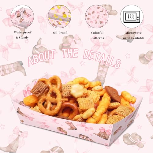 No Folding Required 50 Pack 2 Lb Western Cowgirl Party Favors Large Pink Bow Cowgirl Hat Boot Plates Paper Serving Trays Nachos Food Boats Disposable Bowls for Cowgirl Birthday Party Decorations