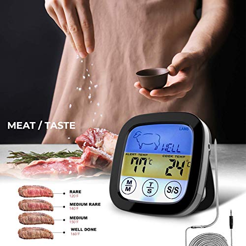 Digital Touchscreen Food Thermometer for Meat Poultry Fish Cooking in Frying Pan Smoker Oven BBQ Grill with Sensitive Color LCD Display | All Temperature and Timer Modes | Best Taste Results (Silver)