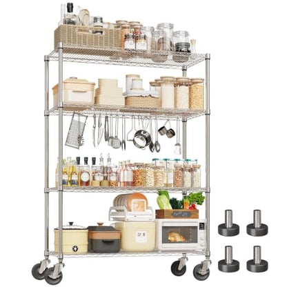 Garvee 4-Tier Wire Shelving with Wheels, Metal Storage Shelves Heavy Duty 1760LBS, Chrome Plating, NSF, Adjustable Utility Shelf Rack for Kitchen, Garage, Pantry, Commercial, 47.2" Wx17.7 Dx70.9 H - size: 17.72"D x 47.2"W x 70.9"H - 4 Tier