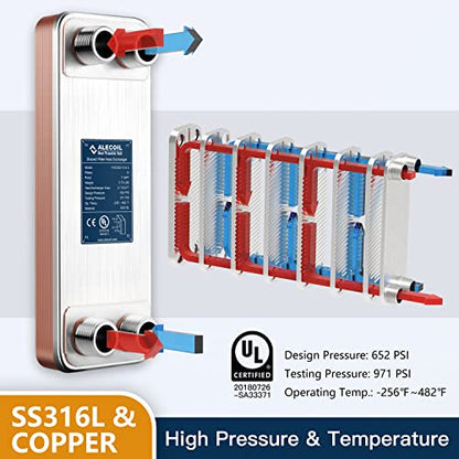 ALECOIL 4"x12"-10 Plates Heat Exchanger with 1" MPT Port Water to Water 316L Stainless Steel Brazed Plate Heat Exchanger for Water Heating, Floor Heating, Industrial and Commercial Refrigeration - size: 4"X12"-10P