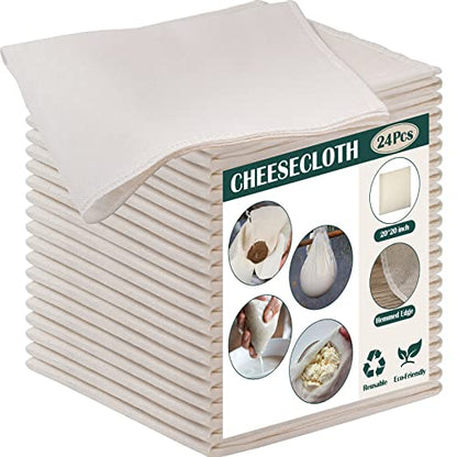 Reginary 24 Pcs 20 x 20 Inches Cheese Cloths Bulk, Grade 100, Hemmed Reusable Cheesecloth Bag for Straining Unbleached Cotton Muslin Cloth for Cheese Making, Cooking, Baking, Juicing, Butter, Turkey - size: 20 x 20 Inches